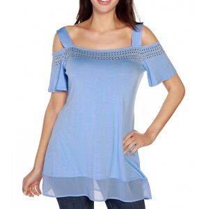Embellished blue cold-shoulder top